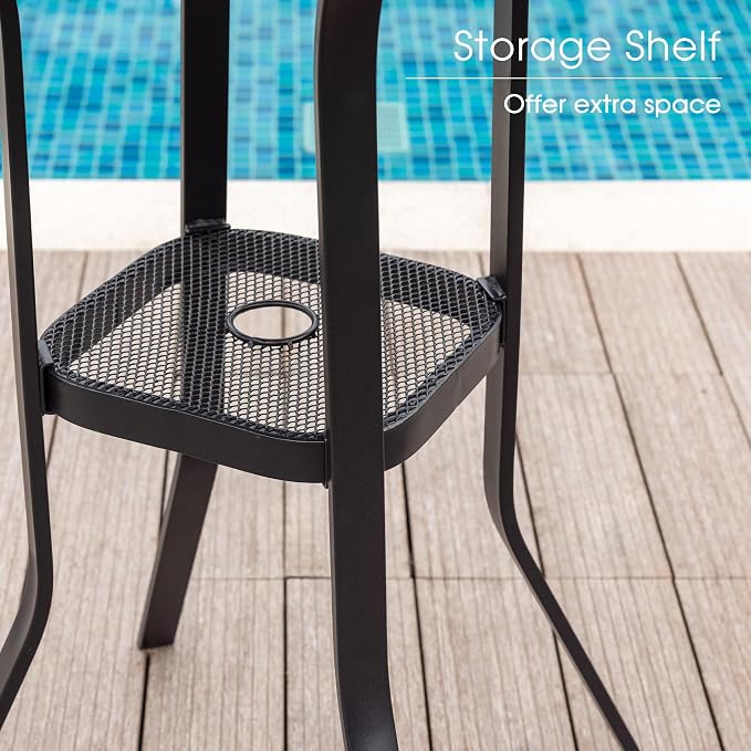 VICLLAX Outdoor Bar Table, 35.4" Wide Round Patio Bar-Height Table Weather Resistant Metal Slatted Tabletop with Umbrella Hole for Front Porch Deck, Backyard, Walnut