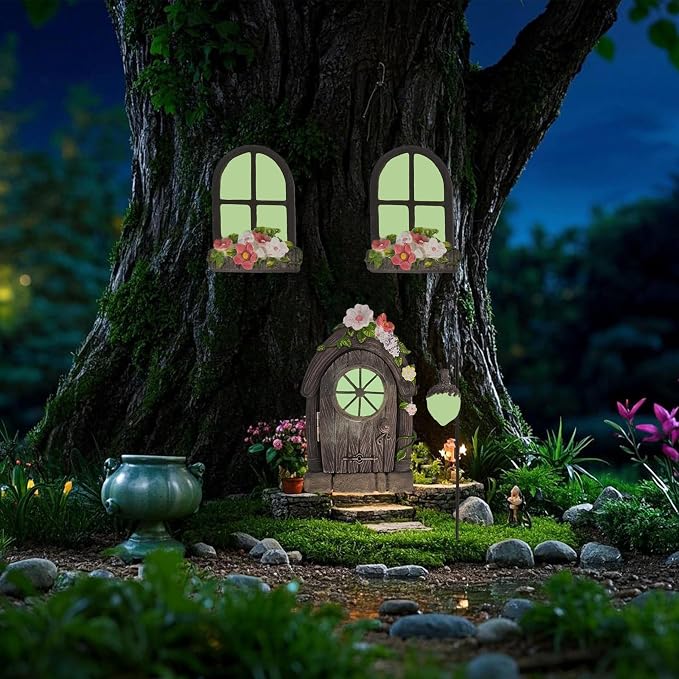 FESTGLOX Fairy Garden Door Windows for Tree Trunk Outdoor, Glow in the Dark | Fairy Garden Miniature Accessories for Tree, Resin Fairy House Kit with Fairy Lantern for Gnome, Yard, Lawn, Garden Decor
