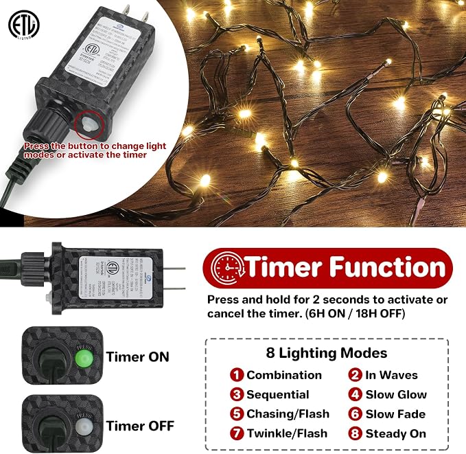 66FT 200 LED Christmas Light, Twinkle Xmas Lights with 8 Modes and Timer, Outdoor Waterproof Christmas Tree Lights for Room Bedroom Wedding Party Holiday Decorations, Warm White