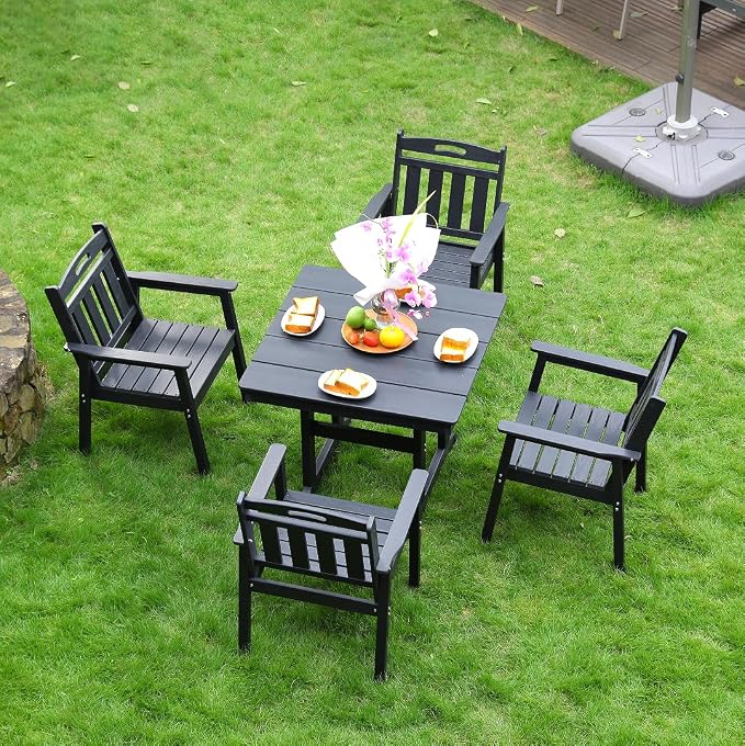 5-Pcs Outdoor Patio Dining Table Set of 5, Outdoor Patio Square 35'' Dining Table and Armchair for Lawn Garden Backyards Pool Side, Waterproof HDPE Material & 1.95'' Umbrella Hole, Black