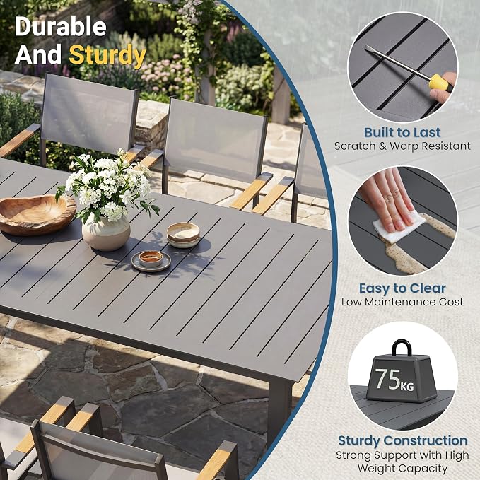 RoyalCraft Aluminum Outdoor Patio Table and Chairs Set with 121" L -81" L Expandable Dining Table, 13-Pieces Patio Furniture Set for 12, Outdoor Dining Set with Stackable Quick Drying Chairs, Grey