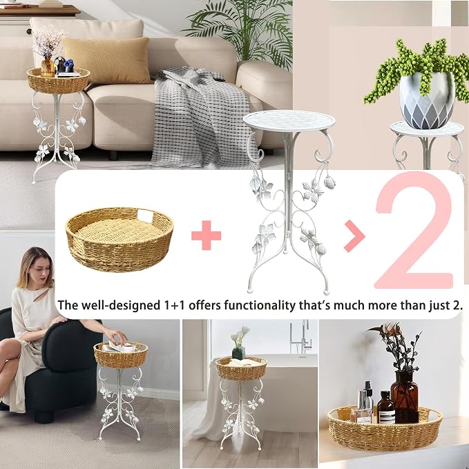 Outdoor Metal Patio Folding Side Table with Removable Wicker Tray, Boho Woven Rattan Plant Stand, Small Round Coffee end Table (Seagrass, White)