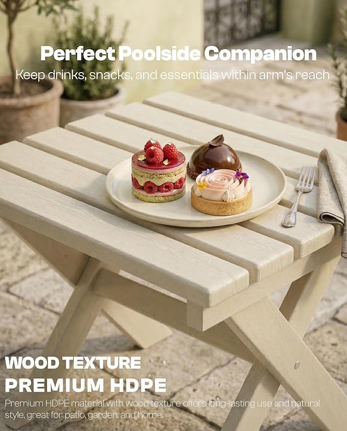 Outdoor Folding Side Table,HDPE Material, Portable Space-Saving Design, Weather-Ready with Authentic Wood-Grain Feel (White, 1 Table)