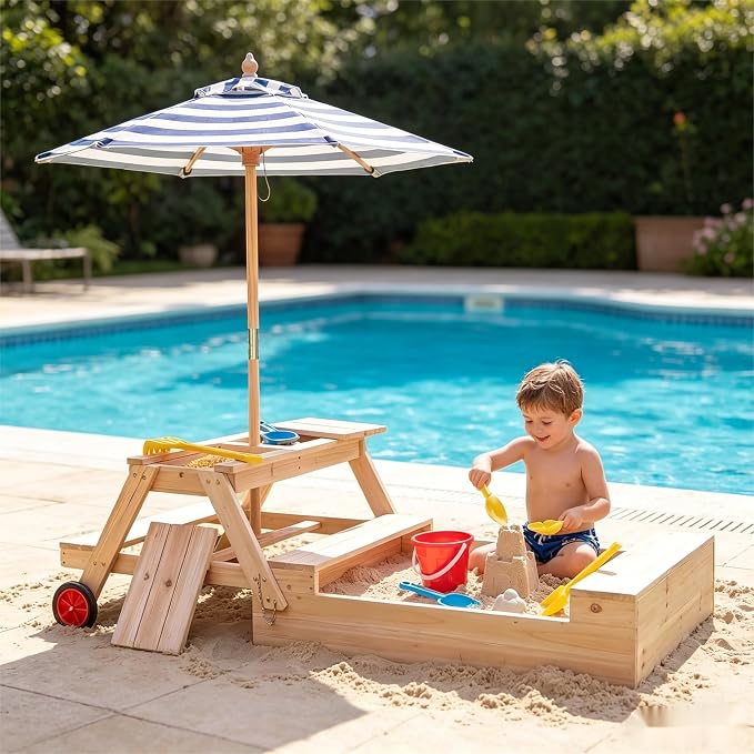 HONEY JOY Kids Picnic Table with Sandbox, Fir Wood Toddler Outdoor Table & Chair Set w/Wheels, Removable Umbrella & Sensory Bin, Children Convertible Outdoor Furniture for Backyard Patio Garden (Blue)