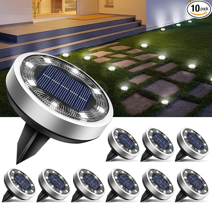 btfarm 10 Pack Solar Lights Outdoor, 8 LED Solar Ground Lights IP65 Waterproof Flat Solar Disc Light, Pathway Lights for Garden Lawn Patio Yard Path Landscape, Cool White