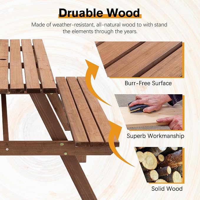 8 Person Wooden Picnic Table, 75" Wood Rectangular Outdoor Camping Dining Table with 2 Built-in Benches,Umbrella Hole,Classic Picnic Table Bench Set for Garden Courtyard,2220lb Capacity,Walnut Brown