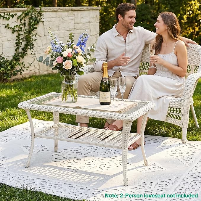 VIVIJASON Outdoor Wicker Coffee Table, All-Weather Rattan Patio Coffee Table with 2-Tier Storage, Tempered Glass Top Rectangle Center Table for Deck, Garden, Balcony, Porch, Cream White