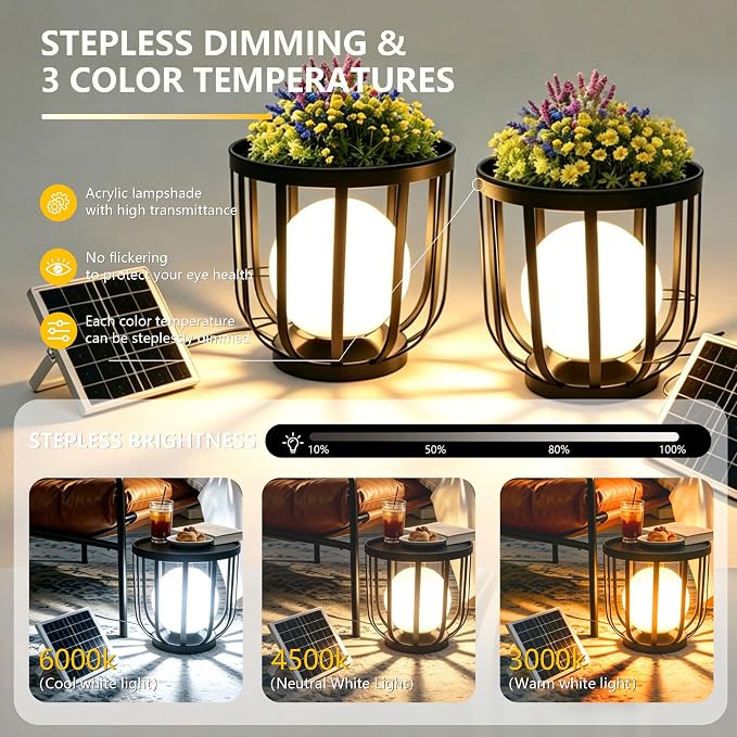 Solar LED Outdoor Side Table 2-Pack, Built-in Glowing Sphere, Remote Control & Detachable Solar Panel,Waterproof Rustproof Metal Floor Lamp for Patio Garden Balcony