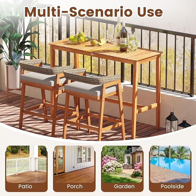 Outdoor Bar Table, 54" x 22" Acacia Wood Counter Height Table with Slatted Tabletop and Adjustable Feet, Rectangular High Top Dining Table for Patio, Yard, Balcony, Poolside
