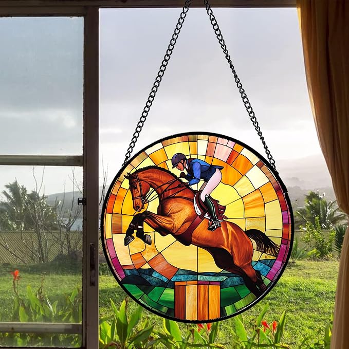 DASTOLL Stained Glass Window Hanging Equestrian Sports Large 11.8" - Horse Suncatcher Door Garden Sunroom Sun Catcher Home Decor Birthday Christmas for Mom Men Woman Nana