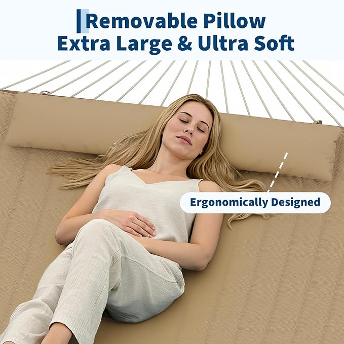 2 Person Hammock with Stand - Cotton Rope & Padded Polyester - Adjustable Steel Frame - 2-in-1 Outdoor Comfort for Patio, Backyard, Garden, Beach - Tan