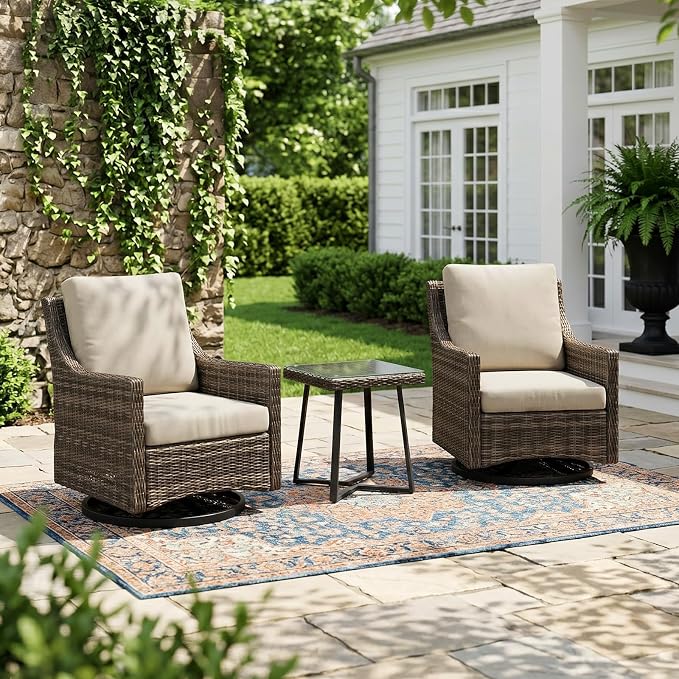 Outdoor Swivel Rocker Patio Chair with Premium Cushion, High Back Wicker Patio Swing Glider for Deck, Porch, Patio and Poolside (Beige, 3 Pcs - Swivel Glider & Side Table)