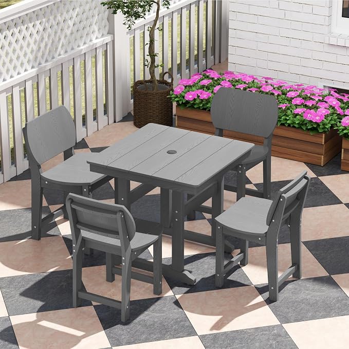 5-Piece HDPE Outdoor Dining Set, Weatherproof Patio Table and Chairs Set for 4, Includes 1 Square Table and 6 Armless Chairs, with Umbrella Hole (Grey)