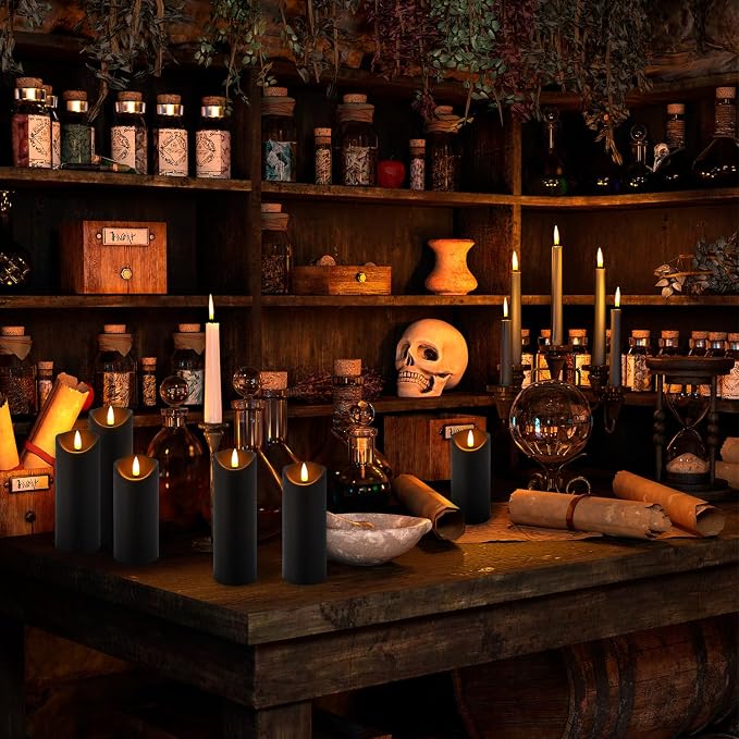 YOROXRG 24 Pack Halloween Decoration Flickering Flameless Candles, Battery Operated LED Pillar Candles with Remote Control and Timer.for Home Decor (D2.2 xH 5" 6" 7" Black)