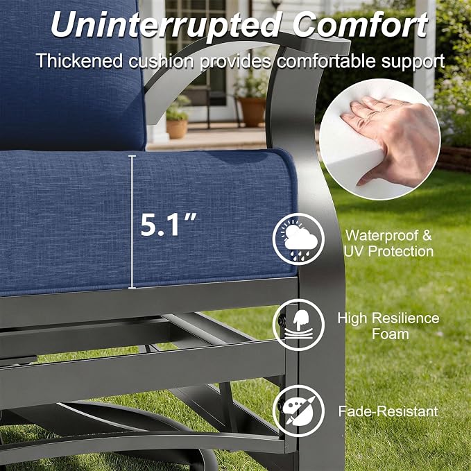 Gotland 6 Piece Patio Set, Aluminum Outdoor Swivel Chairs Set with Round Table 5.1’’ High-Resilience Seat Cushions 29.5" Deep Seating, Metal Patio Furniture Set Patio Conversation Sets, Navy
