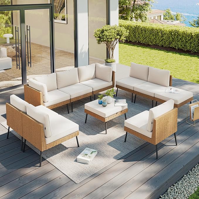 Aoxun 10 Piece Patio Furniture Set, 10 Seats Outdoor Sectional Sofas with Thick Cushion, Wicker Outdoor Patio Furniture Set with Ottomans for Party, Garden, Backyard, Beige