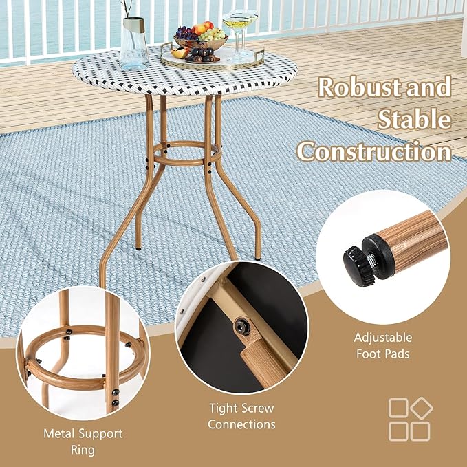 HAPPYGRILL Outdoor Bistro Table, 27.5” Round Patio Table with Hand-Woven PE Rattan Tabletop and Metal Frame, for Garden Backyard Porch Balcony