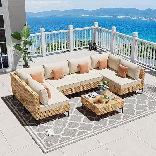 7-Piece Patio Furniture Set 110" Large Wicker Outdoor Sectional Sofa with Coffee Table, Boho Style Conversation Set Featuring All-Weather Cushions for Backyard, Porch, and Garden Use