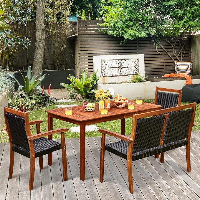 Tangkula 4 Pieces Patio Dining Set for 4, Patiojoy Space-Saving Outdoor Acacia Wood Dining Table and PE Rattan Chairs Set with 1.9” Umbrella Hole, for Garden, Backyard, Deck, Poolside, Balcony