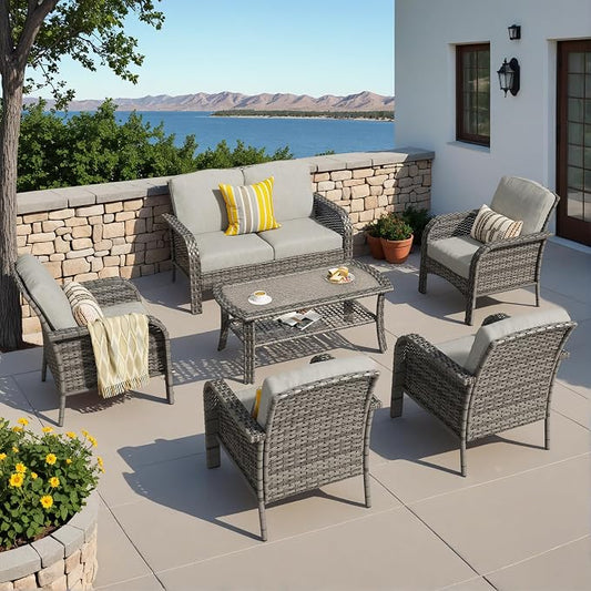 HOOOWOOO Patio Furniture Set,6 Pieces Outdoor Conversation Set,All Weather Wicker Loveseat Sofa Set with High Back Chairs Table,Dark Gray