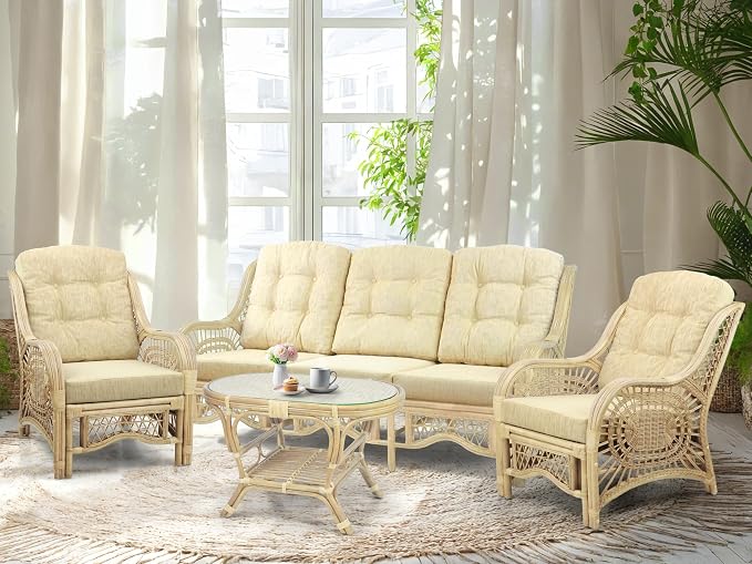 Malibu Lounge Set of 4: 2 Natural Rattan Wicker Chairs, Three-Seater Sofa with Cushions and Coffee Table with Glass Handmade, Natural (Cream Cushions)
