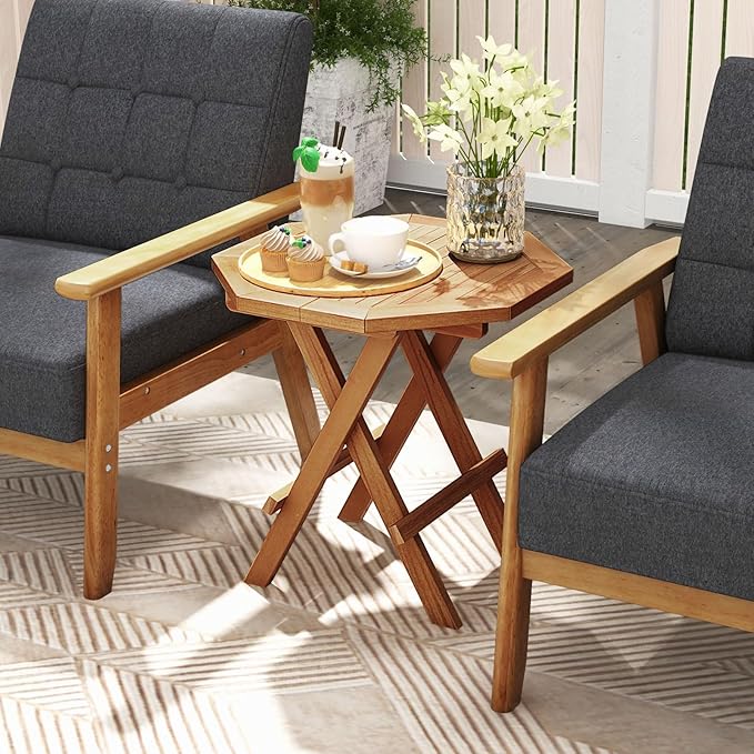 RELAX4LIFE Folding Outdoor Side Table - Set of 2 Teak Wood End Table, Octagonal Coffee Bistro Table w/Slatted Tabletop, Portable Picnic Camp Table for Poolside Porch Garden, Foldable Small Patio Table