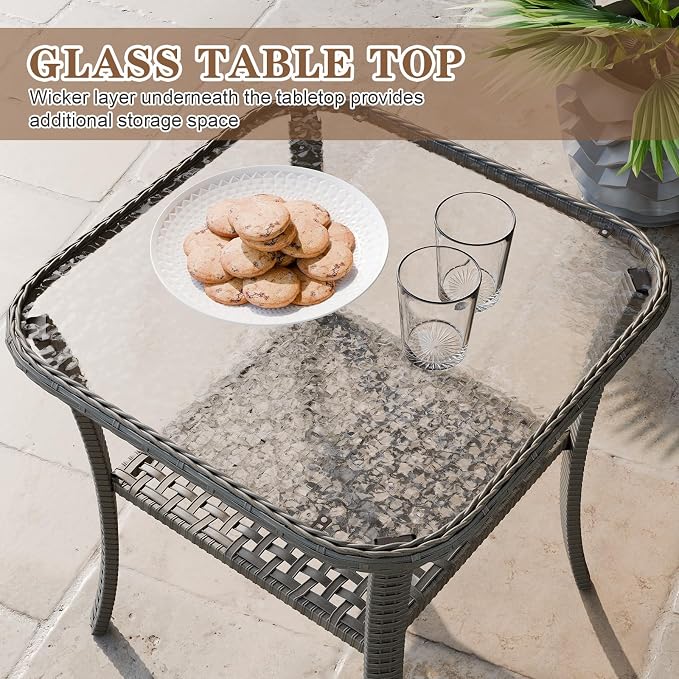 Outdoor Woven Rattan Coffee Table with Tempered Glass, Wicker Side Table for Outside Patio Porch, Stonewash Gray