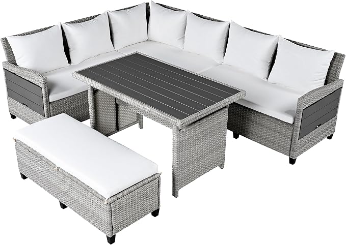 GDFStudio Brava Patio 5-Piece Conversation Set, Outdoor Rattan Sectional Sofa Set with Extendable Side Tables, Dining Table and Bench, L Shaped PE Wicker Furniture Set for Garden, Poolside, White