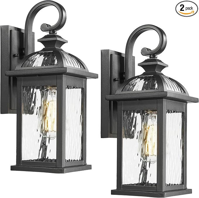 Darkaway Outdoor Lights Fixture Wall Mount, Exterior Wall Light with Water Ripple Glass Waterproof Black Outside Wall Sconce for House Porch Hallway Garage