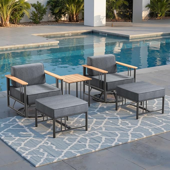 Luxury Patio Swivel Chairs with 6" Extra Thick Cushions, Outdoor Furniture Set with Ottomans and Side Table, Swivel Outdoor Chairs for Porch, Balcony, Deck, Patio, Yard, Poolside, Black/Grey