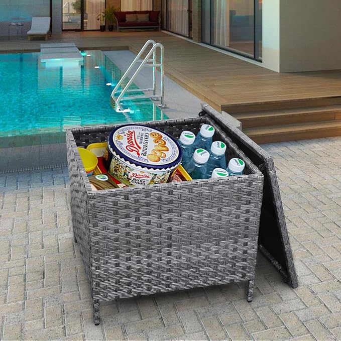 Lviden Outdoor Wicker Storage Side Table, Patio Grey PE Rattan End Table with Storage, Square Container for Furniture Covers, Toys, and Gardening Tools