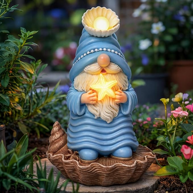GIGALUMI Garden Gnome Statue, Solar Gnomes Ocean Themed Outdoor Decor, Decoration for Patio Yard Lawn Beach Room, Christmas/Birthday Gift for Mom Women