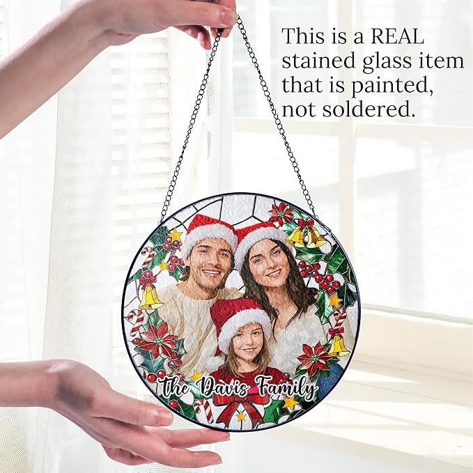 Personalized Stained Glass Christmas Suncatcher – Custom Family Photo Window Decor – First from Mom and Dad – Festive Holiday Ornament Keepsake