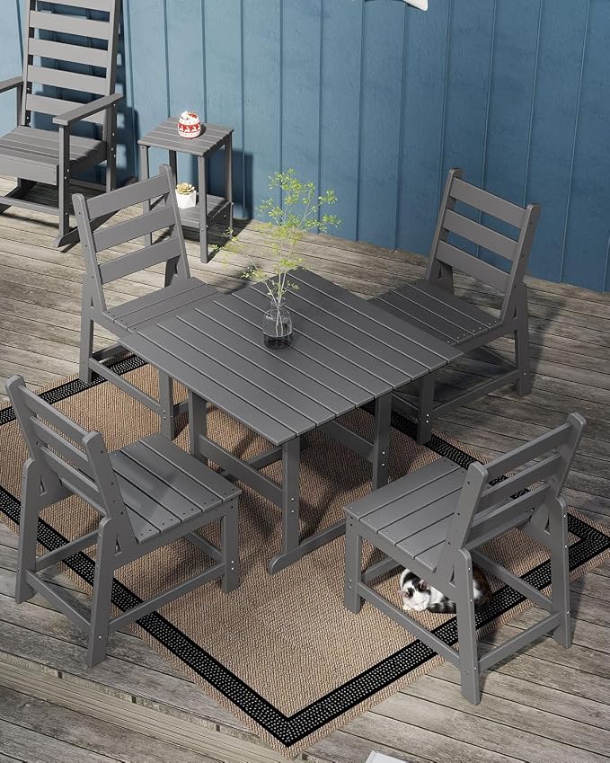 GREENVINES 5-Piece-Outdoor-Dining-Set | HDPE | Square | Patio Furniture | All Weather | Armless Chair | Slatted Table and Chairs Sets for 4 | for Backyard Poolside Garden | Grey