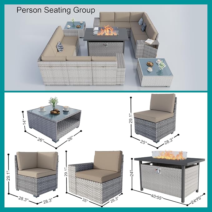 13-Piece Patio Furniture Set, Outdoor Extra Wide Armrest Modular Patio Sofa with Fire Pit Table, Dual-Strand Rattan Wicker High Back Large Seat Furniture for Backyard Porch Garden Balcony, Khaki