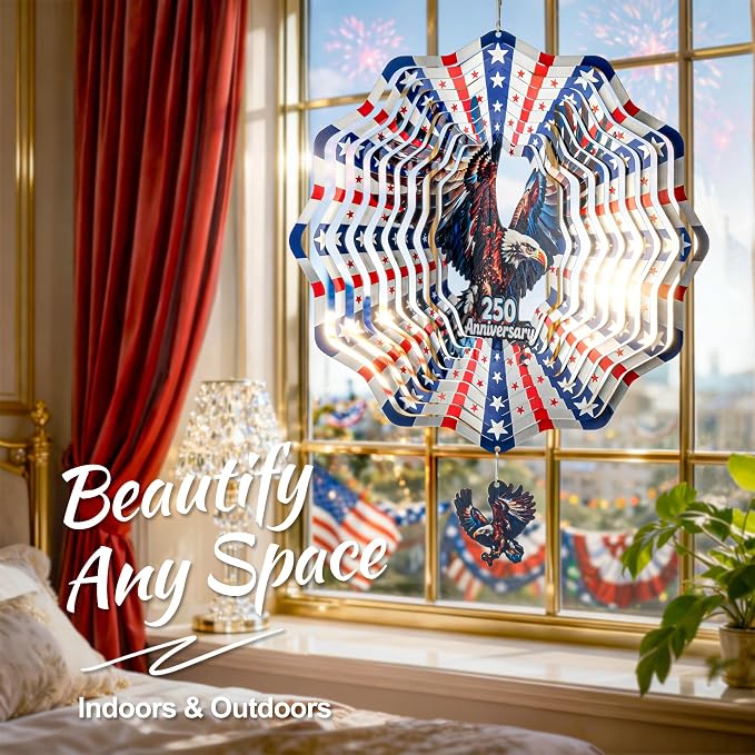 250th Anniversary American Eagle Flag 12 Inch Wind Spinner | Stainless Steel Outdoor Garden Decor with 3D American Flag Design, Hanging Yard Art for Patio & Indoor, Gifts for Men & Dad