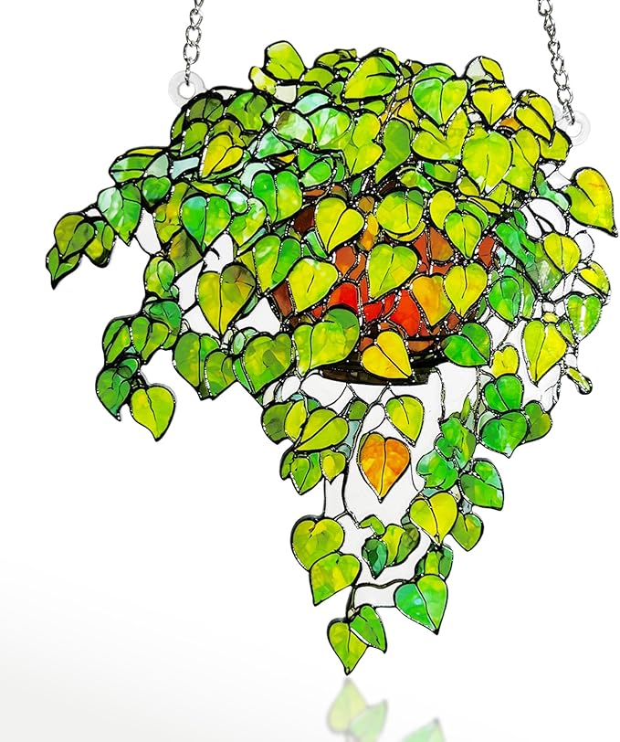 Plant Suncatcher Glass, Stained Glass Suncatcher Plant Window Hanging, Unique Nature Lover Gifts Leaf (Green)