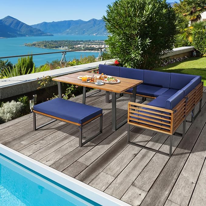 Tangkula Patio Dining Set for 8, Acacia Wood Heavy Duty L Shaped Outdoor Sectional Sofa Set with Soft Padded Cushions, for Backyard Poolside Deck Garden (Navy Blue)