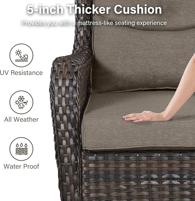 Outdoor Swivel Rocker Patio Chairs Set of 4 with Sofa - 5" Thick Cushion 4 Piece Furniture Set with Sofa All Weather Wicker Conversation Set for Porch Deck - Brown Wicker | Grey Cushions