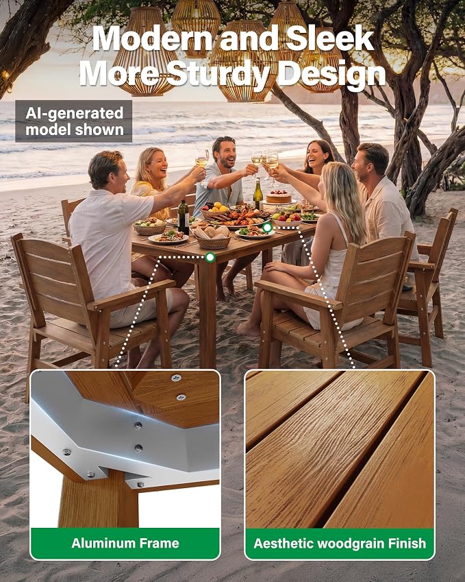 YEFU Patio Dining Sets 10-Piece: All-Weather Outdoor Table and Chairs with Umbrella Hole - Easy Assembly Patio Dining Set for 8 Modern HIPS Furniture with Aluminum Frame for Family with Deck Teak
