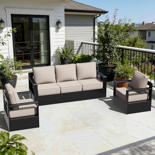 Outdoor Aluminum Furniture Set, 3-Piece Patio Conversation Set, 2 Chairs and 1 Sofa, All-Weather Metal Frame, 6" Thick Removable Cushions, Deep Setting for Garden, Poolside and Porch