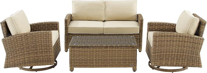 Crosley Furniture Bradenton 4-Piece Wicker Outdoor Loveseat and Swivel Rocker Patio Furniture Set for Porch, Brown with Sand Cushions