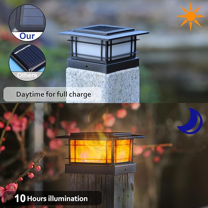 Dynaming 4 Pack Solar Post Cap Lights Outdoor with Flickering Flame Light, Fence Post Solar Lights Fit for 4x4 5x5 6x6 Vinyl/Wooden Posts, High Brightness SMD LED Lighting Decor for Garden Deck Patio