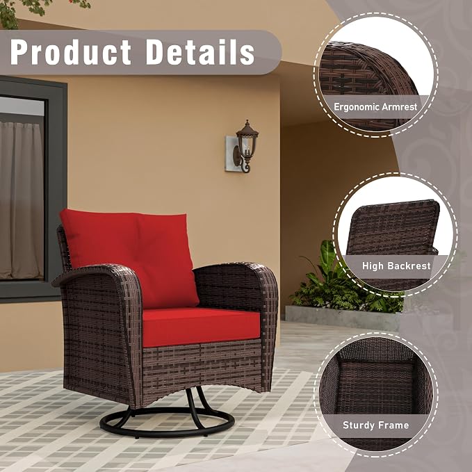 7 Piece Patio Conversation Set – 2 Swivel Rocking Chairs, 2 Coffee Tables & 3-Seater Sofa | PE Wicker Patio Sectional | Heavy-Duty Steel Frame & Weatherproof Cushions, Red