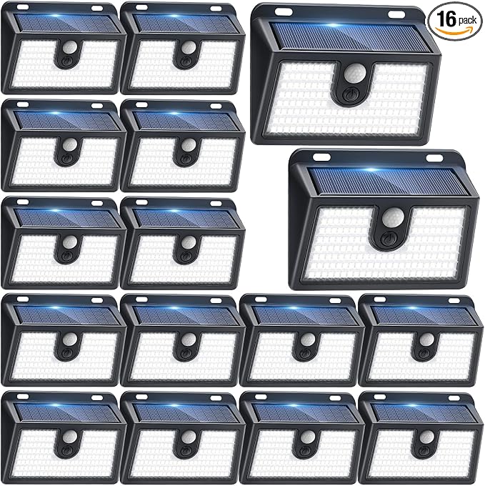 [16 Packs] Solar Motion Sensor Outdoor Lights, Super Bright Solar Lights Outdoor Waterproof, 3 Lighting Modes Security Wall Light for Outside Walking Dog Fence Backyard Deck Garden Door Step Garage