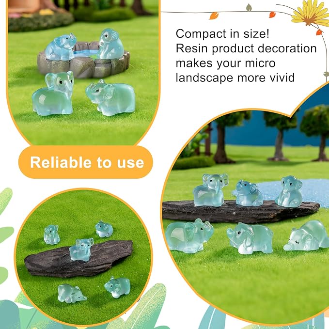 60 pcs Mini Resin Elephant Many Styles Variety Tiny Luminous Animals Figures Miniature Little Small Animal Figurines Bulk for Micro Fairy Garden Landscape Accessories Hide Crafts Decor Aquarium