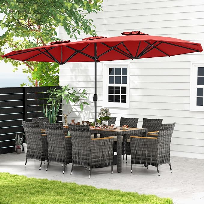 Tangkula 10 Pieces Patio Wicker Dining Set w/Double-Sided Patio Umbrella, Outdoor Acacia Wood Furniture Set w/ 8 Armchairs, 71” Dining Table & 15 ft Umbrella with Weighted Base (Wine)