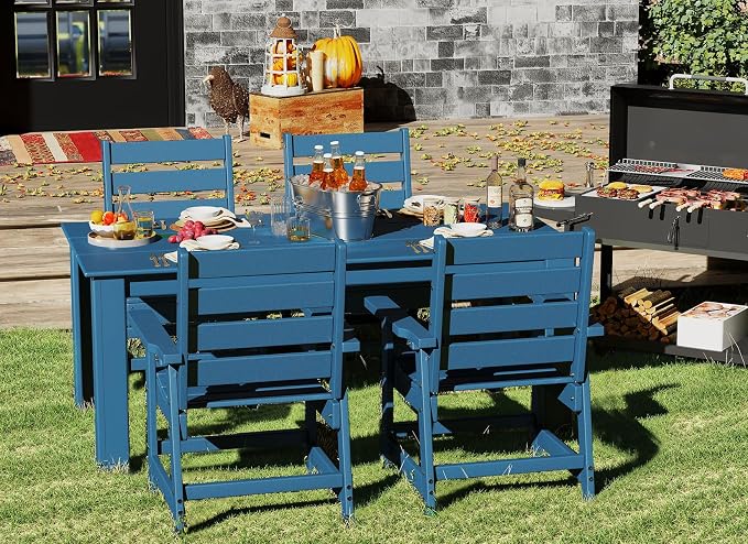 GREENVINES 5-Piece Patio-Dining-Set | HDPE Plastic | Outdoor Table and Chairs Sets for 4 | Patio Furniture | All Weather | Umbrella Hole | for Backyard Poolside Garden | Blue