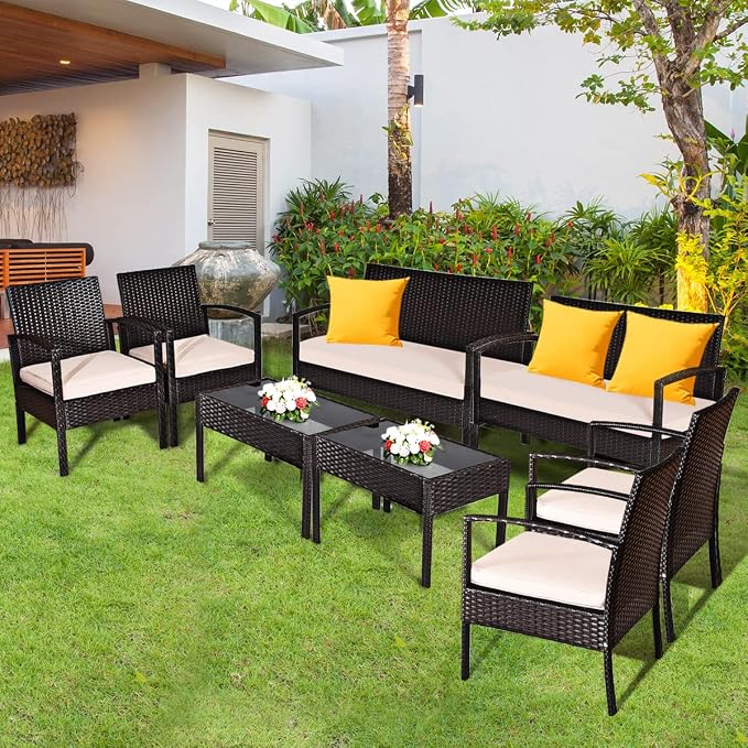DORTALA 8 Piece Wicker Patio Furniture Set, Outdoor PE Rattan Conversation Set with Loveseat, Chairs & Coffee Table for Backyard Porch Garden Poolside Balcony