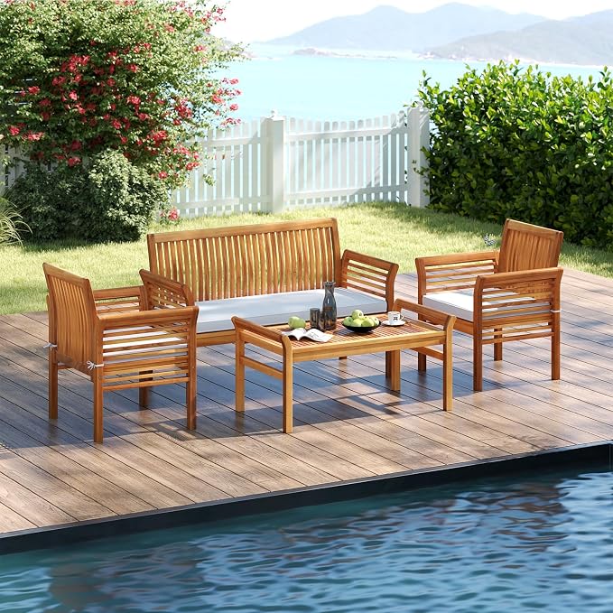 4 Piece Patio Furniture Set, Acacia Wood Sofa Set with Rectangular Coffee Table & Soft Seat Cushions, Outdoor Conversation Set for Garden, Backyard & Poolside